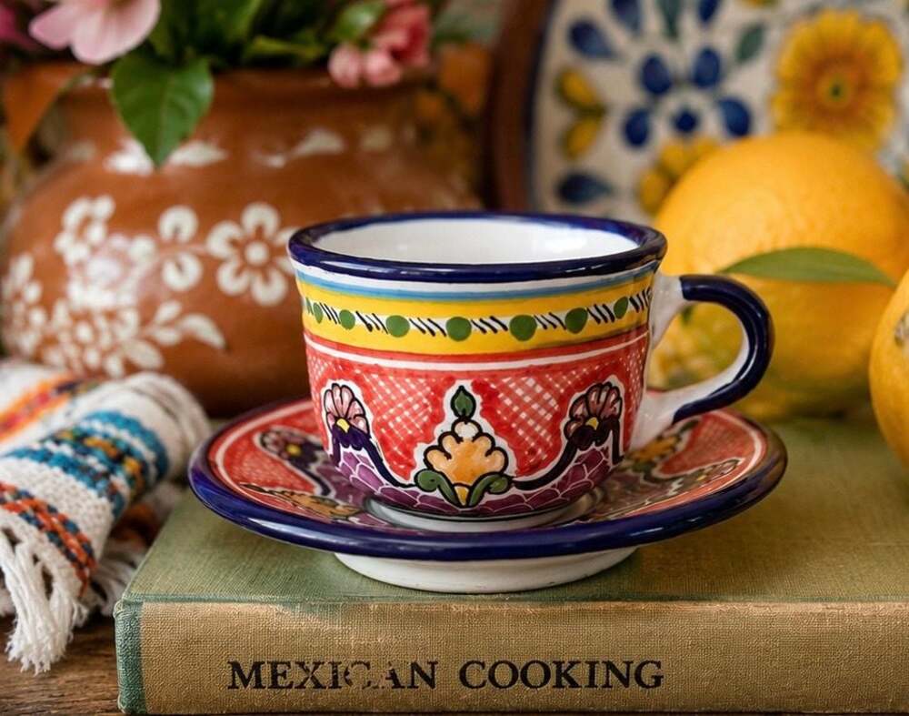 2 Piece Handmade Mexican Talavera 8oz Coffee Mug and Plate - Colorful Artisan Po